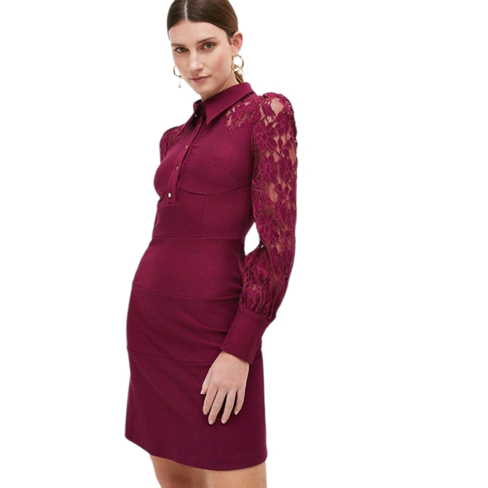 NWT KAREN MILLEN Collared Lace Sleeves Stretch Jersey Mini Dress In Fig Size 10